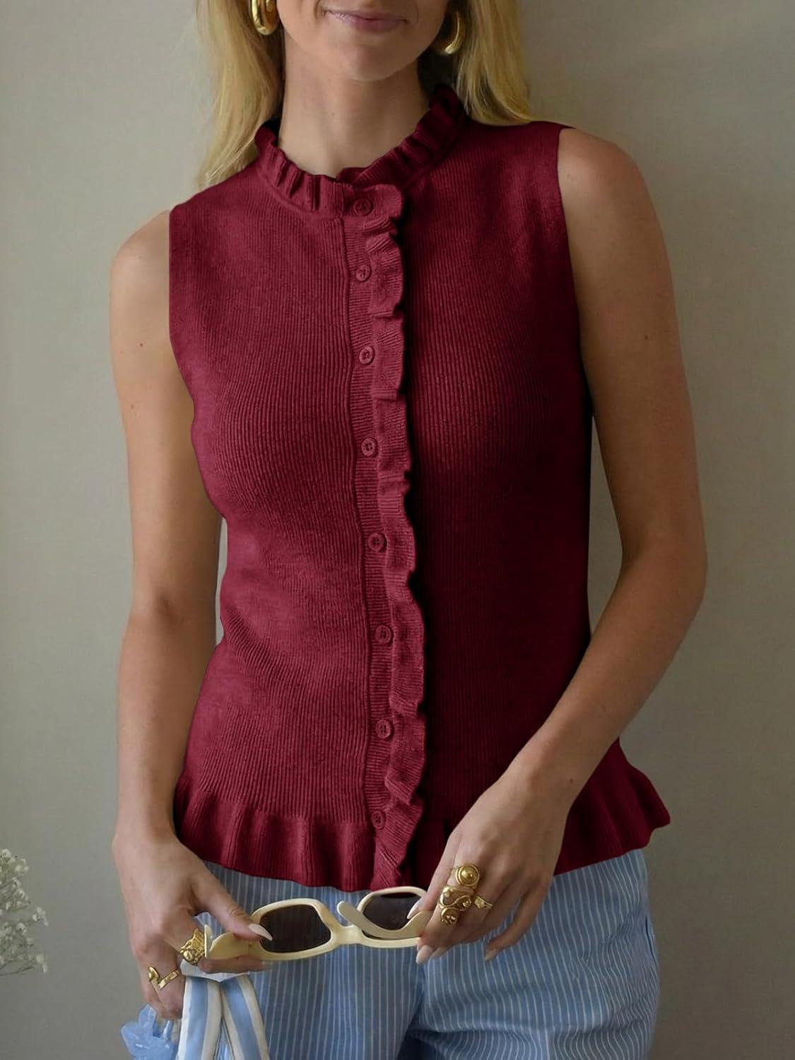 image:imageSaodimallsu Womens Sleeveless Sweater Vest Ruffle Button Down Knit Tank Top Summer Trendy Going Out Vest TopsWine Red