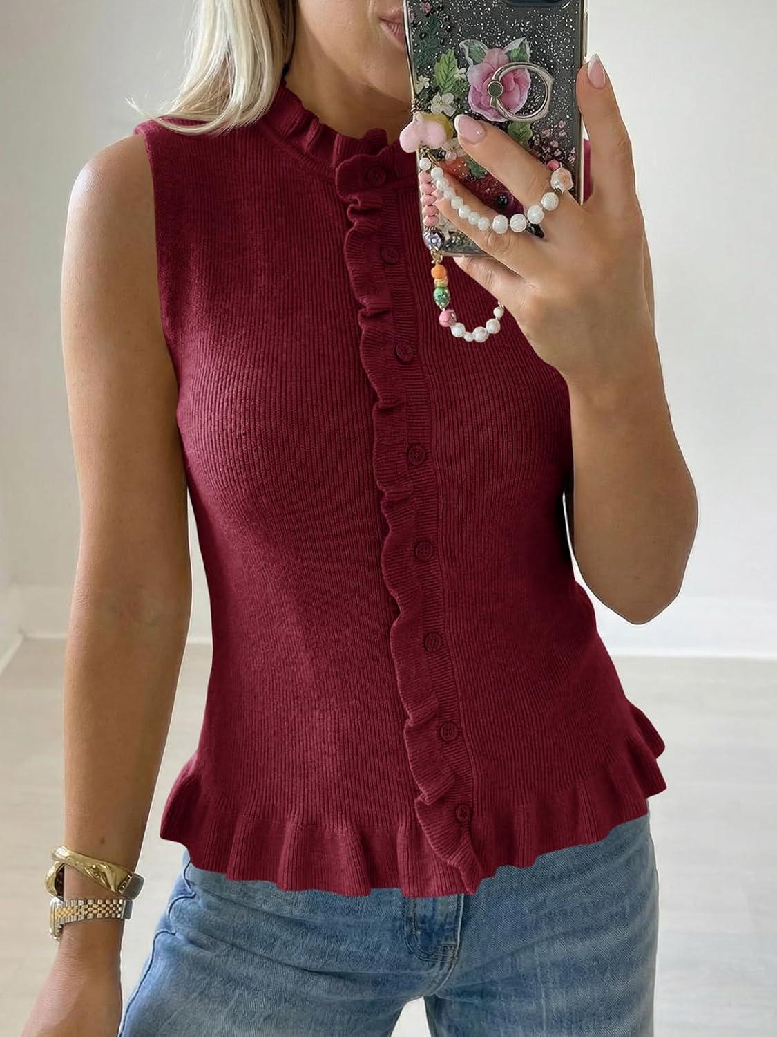 image:imageSaodimallsu Womens Sleeveless Sweater Vest Ruffle Button Down Knit Tank Top Summer Trendy Going Out Vest TopsWine Red