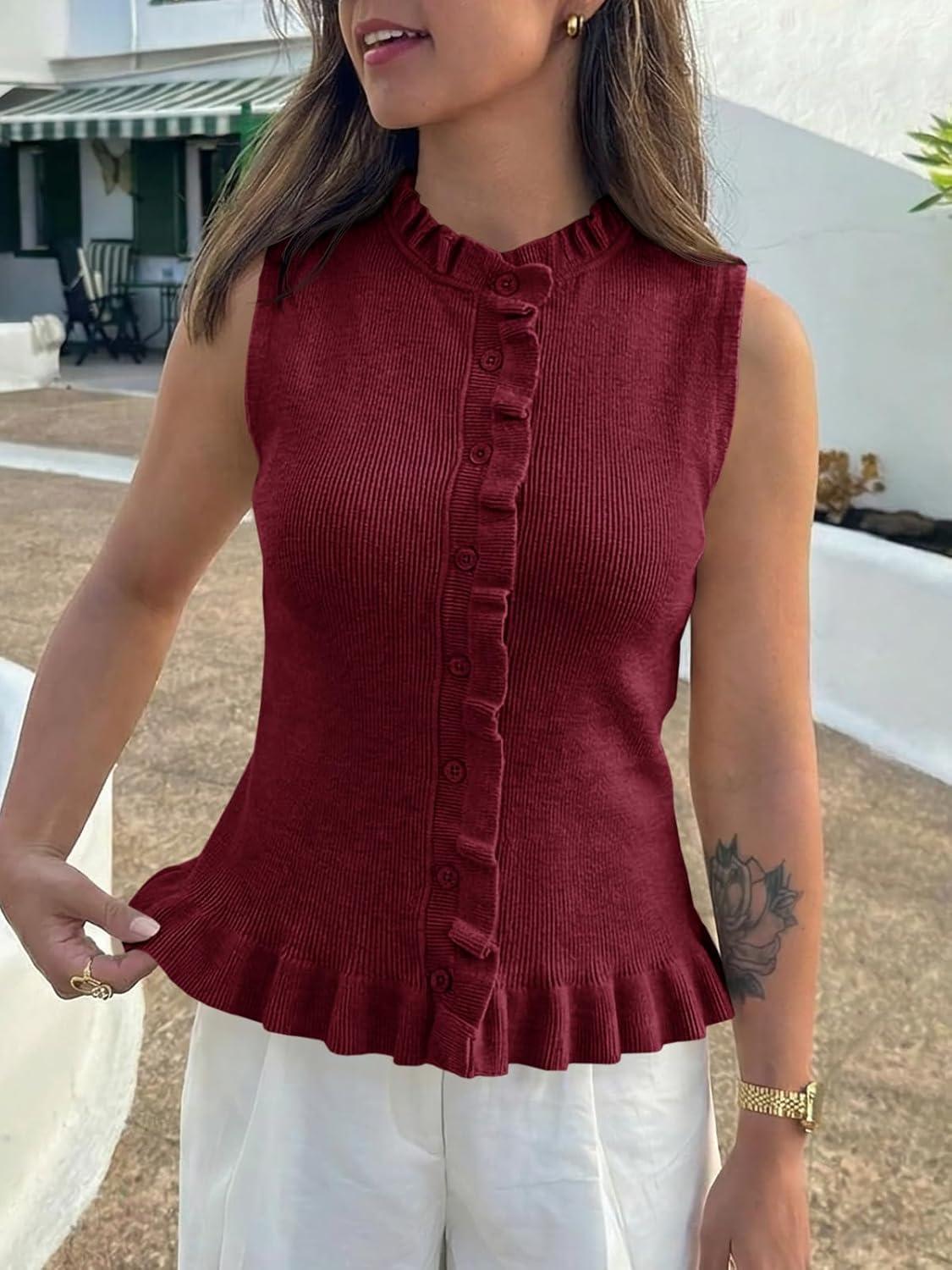 image:imageSaodimallsu Womens Sleeveless Sweater Vest Ruffle Button Down Knit Tank Top Summer Trendy Going Out Vest TopsWine Red