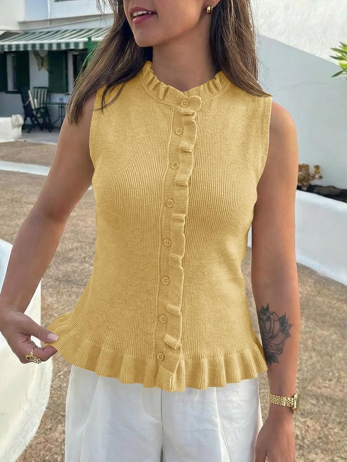 image:imageSaodimallsu Womens Sleeveless Sweater Vest Ruffle Button Down Knit Tank Top Summer Trendy Going Out Vest TopsYellow