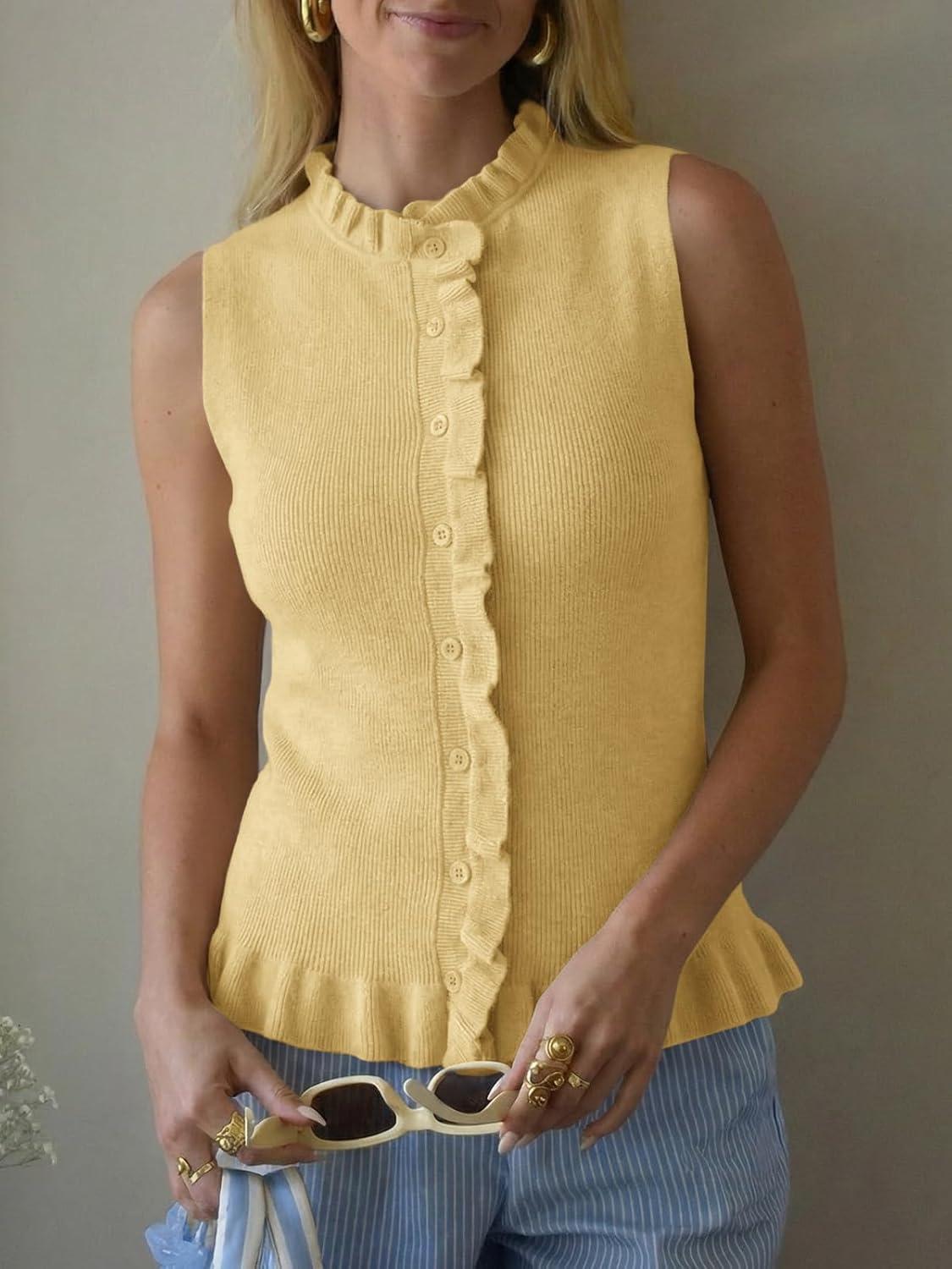 image:imageSaodimallsu Womens Sleeveless Sweater Vest Ruffle Button Down Knit Tank Top Summer Trendy Going Out Vest TopsYellow