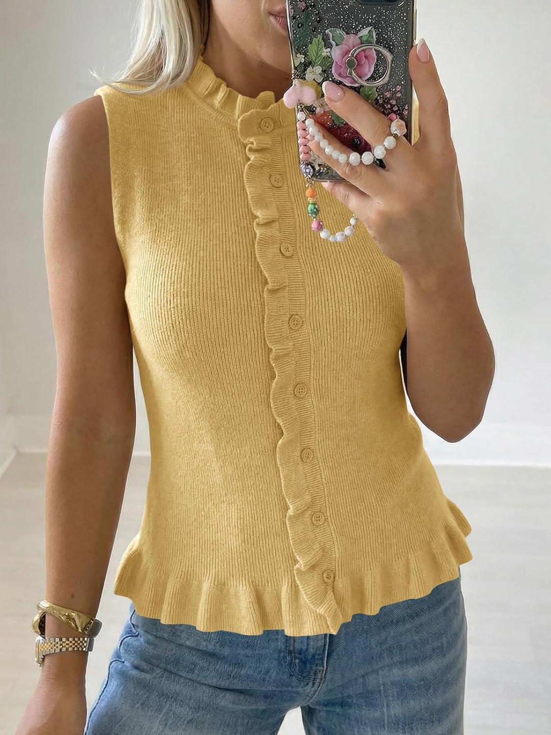 image:imageSaodimallsu Womens Sleeveless Sweater Vest Ruffle Button Down Knit Tank Top Summer Trendy Going Out Vest TopsYellow