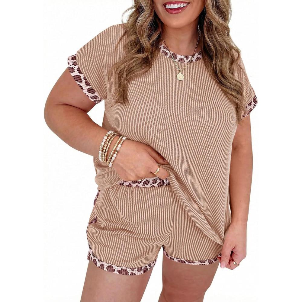 image:imageBeautife Womens Plus Size 2 Piece Short Sets Leopard Print Ribbed Knit Short Sleeve Top 2026 Summer Casual Lounge SetKhaki