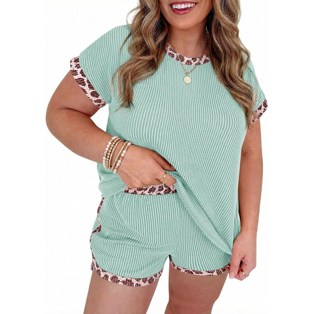 image:imageBeautife Womens Plus Size 2 Piece Short Sets Leopard Print Ribbed Knit Short Sleeve Top 2026 Summer Casual Lounge SetMint Color