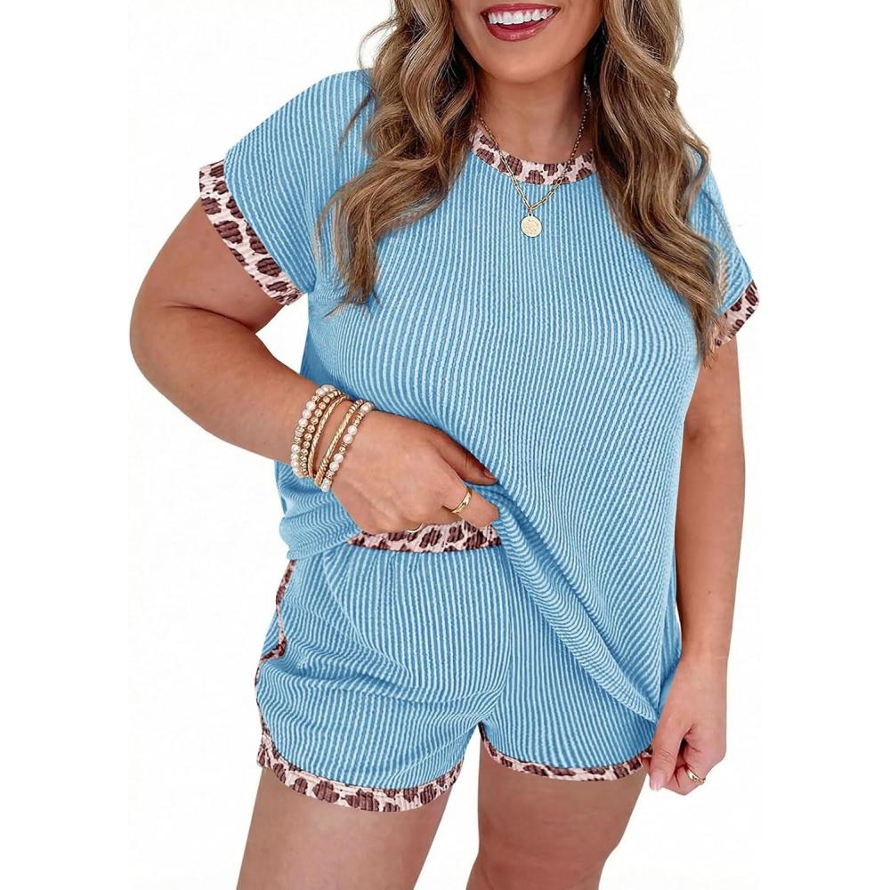 image:imageBeautife Womens Plus Size 2 Piece Short Sets Leopard Print Ribbed Knit Short Sleeve Top 2026 Summer Casual Lounge SetSky Blue
