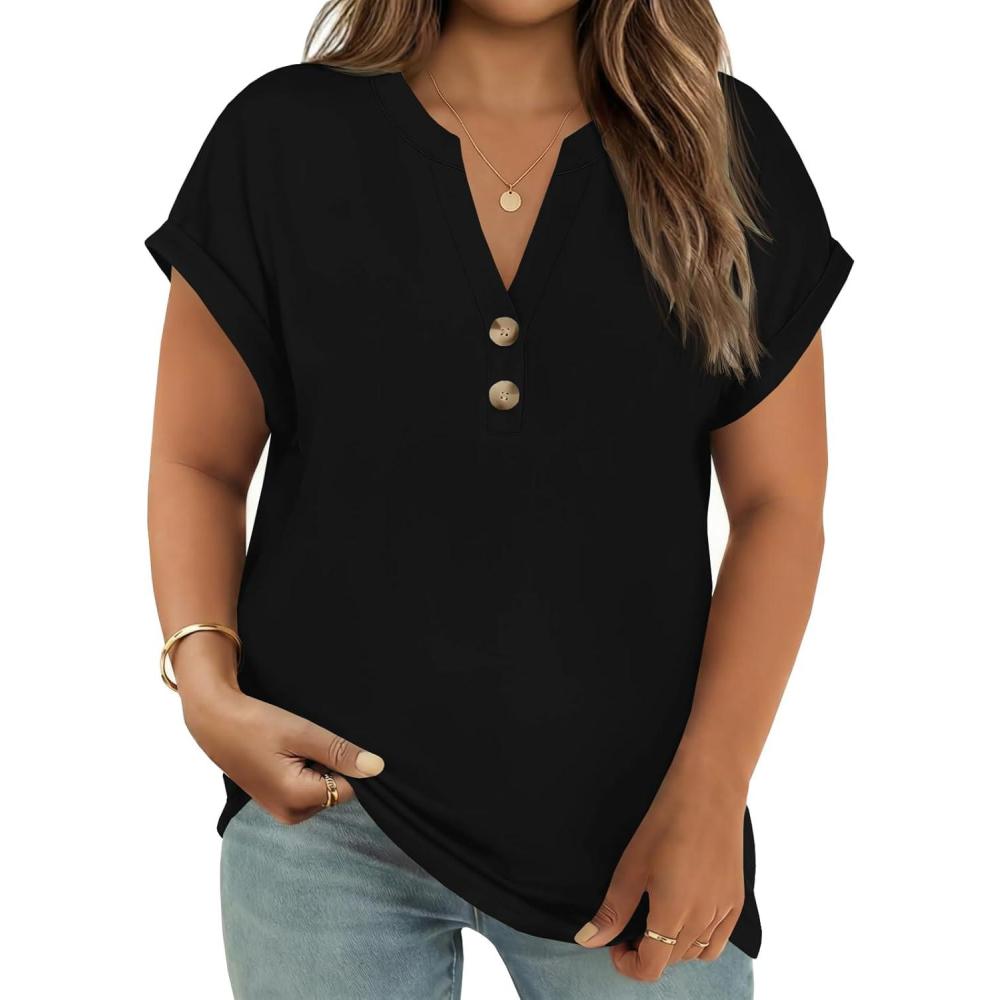 image:imageBeautife Womens Plus Size Short Sleeve Henley Tops Summer Button V Neck Blouses 2026 Dressy Casual Loose T ShirtsBlack