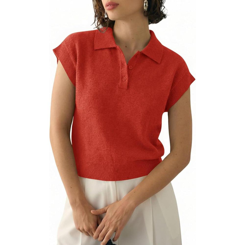image:imageSaodimallsu Womens Cap Short Sleeve Sweater Top Summer Polo Shirts Button Collared Knit Business Casual Pullover SweaterBrick Red