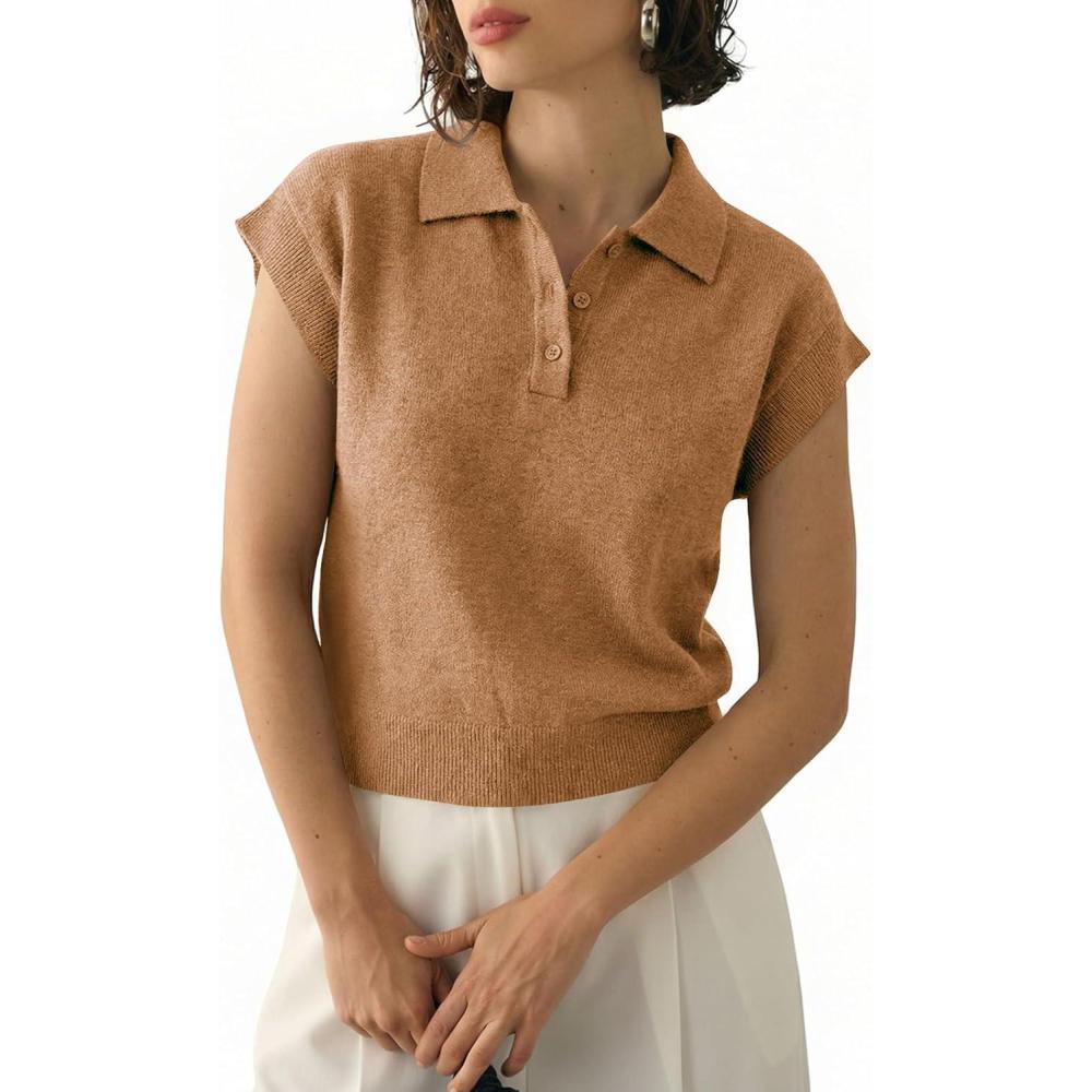 image:imageSaodimallsu Womens Cap Short Sleeve Sweater Top Summer Polo Shirts Button Collared Knit Business Casual Pullover SweaterCamel