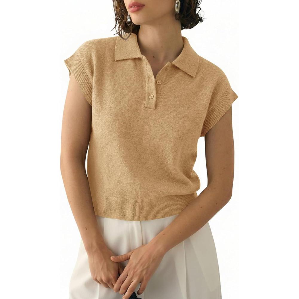 image:imageSaodimallsu Womens Cap Short Sleeve Sweater Top Summer Polo Shirts Button Collared Knit Business Casual Pullover SweaterKhaki