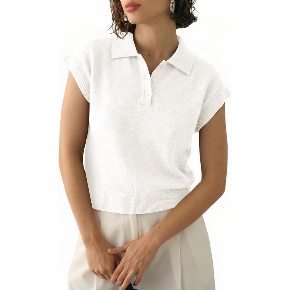 image:imageSaodimallsu Womens Cap Short Sleeve Sweater Top Summer Polo Shirts Button Collared Knit Business Casual Pullover SweaterWhite