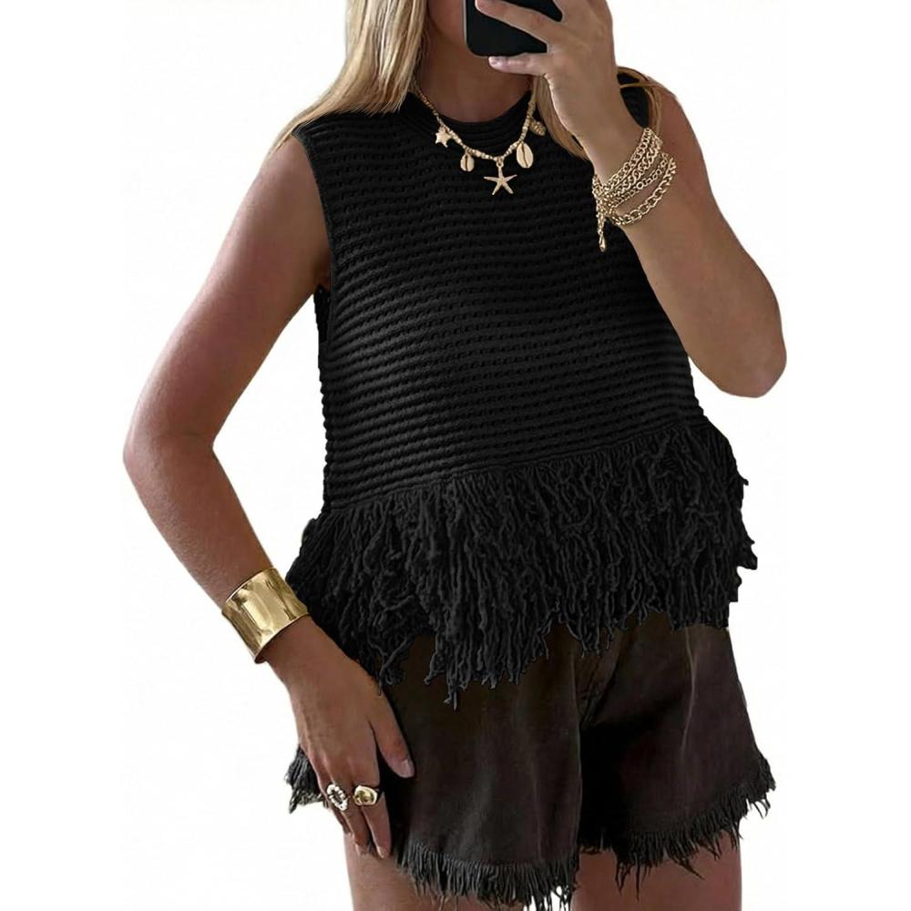 image:imageSaodimallsu Womens Crochet Crop Tank Tops Sleeveless Fringe Crew Neck Trendy Boho Knit Summer Sweater VestBlack