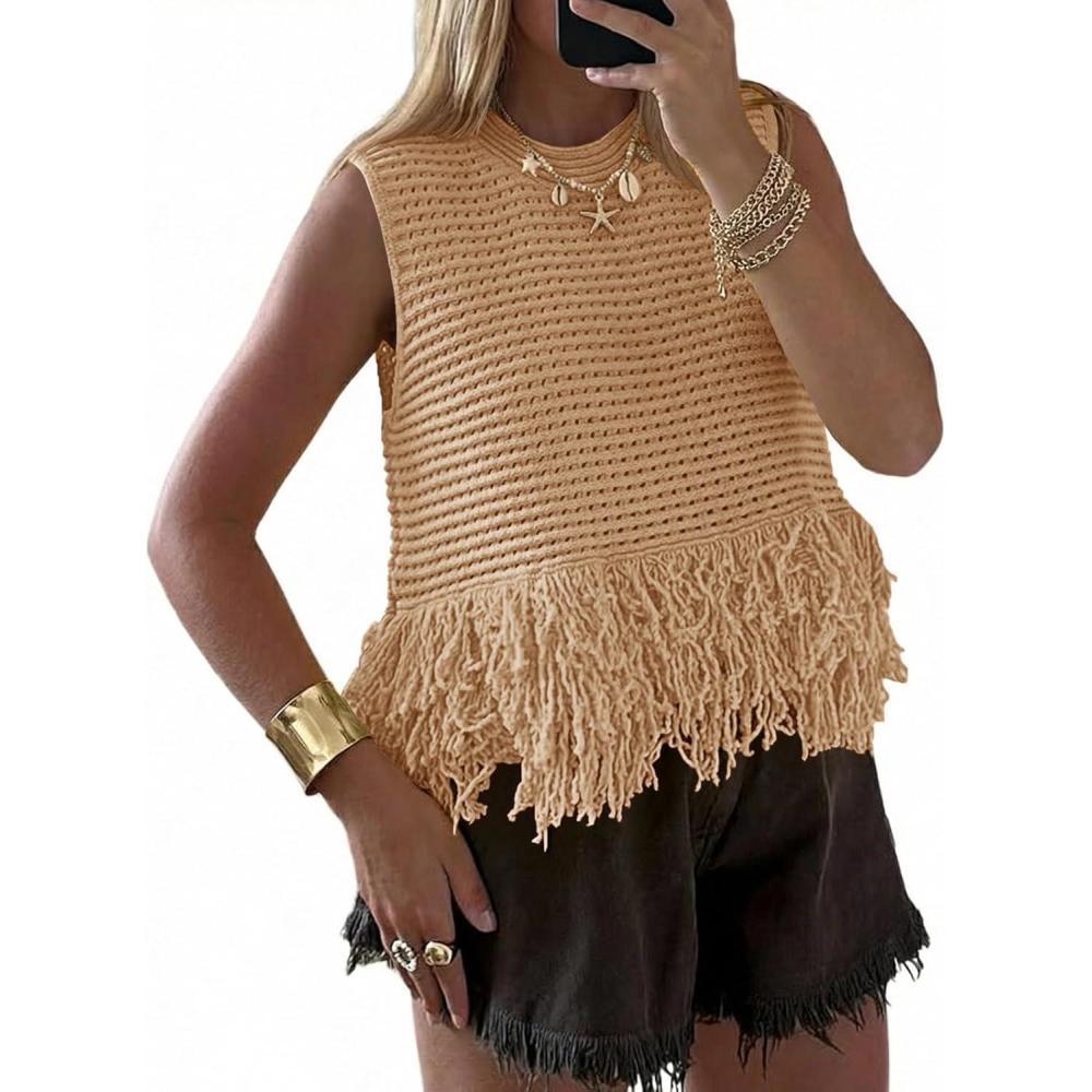 image:imageSaodimallsu Womens Crochet Crop Tank Tops Sleeveless Fringe Crew Neck Trendy Boho Knit Summer Sweater VestKhaki