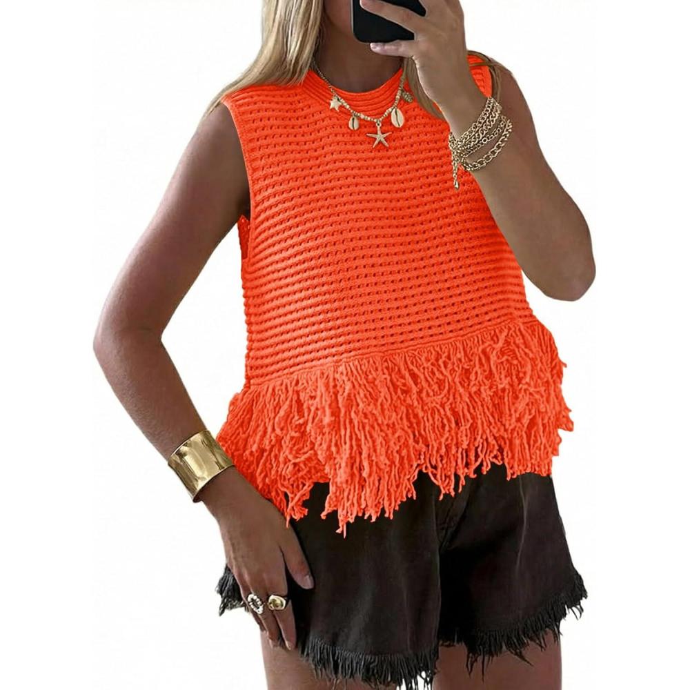 image:imageSaodimallsu Womens Crochet Crop Tank Tops Sleeveless Fringe Crew Neck Trendy Boho Knit Summer Sweater VestOrange