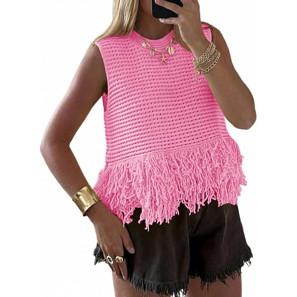 image:imageSaodimallsu Womens Crochet Crop Tank Tops Sleeveless Fringe Crew Neck Trendy Boho Knit Summer Sweater VestPink