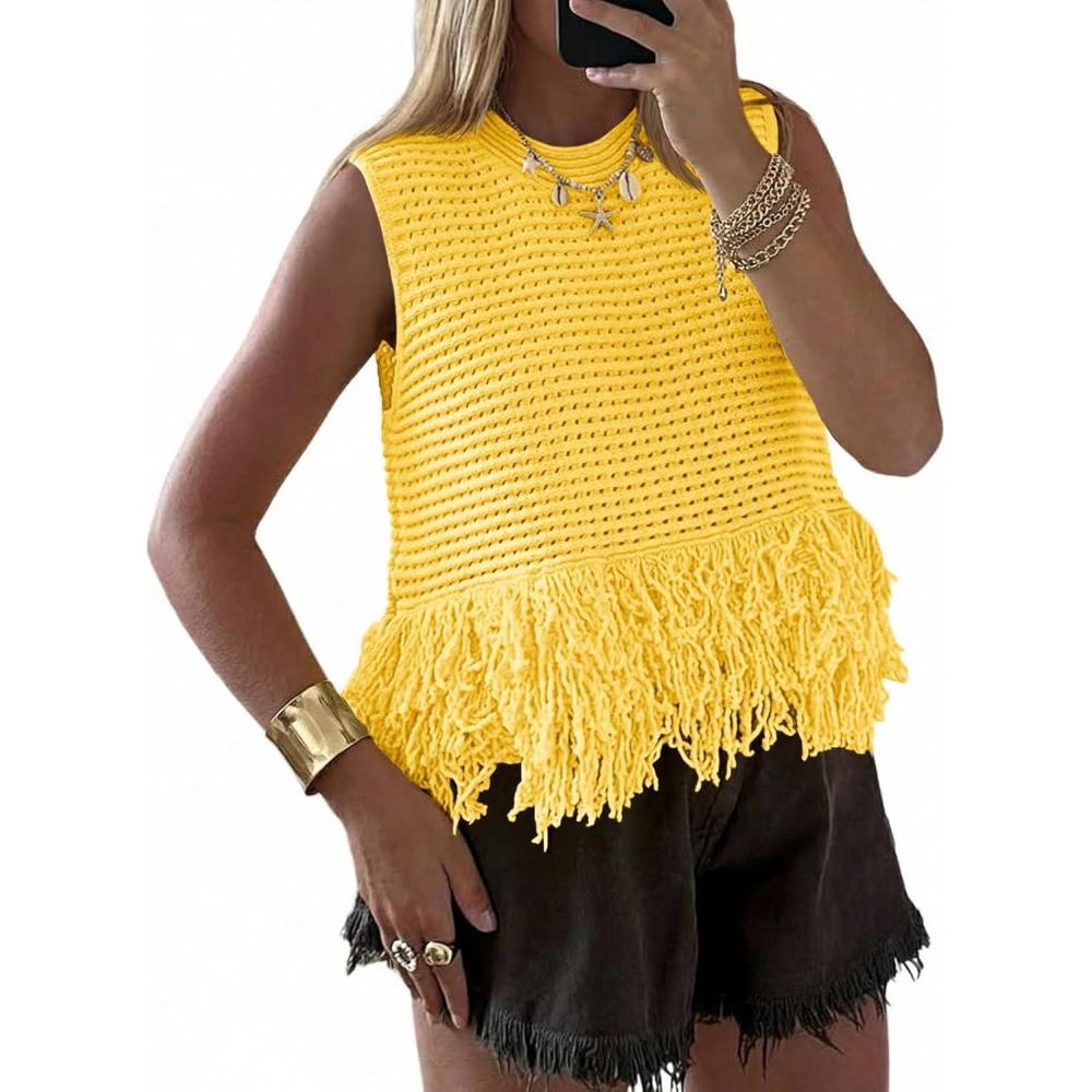 image:imageSaodimallsu Womens Crochet Crop Tank Tops Sleeveless Fringe Crew Neck Trendy Boho Knit Summer Sweater VestYellow