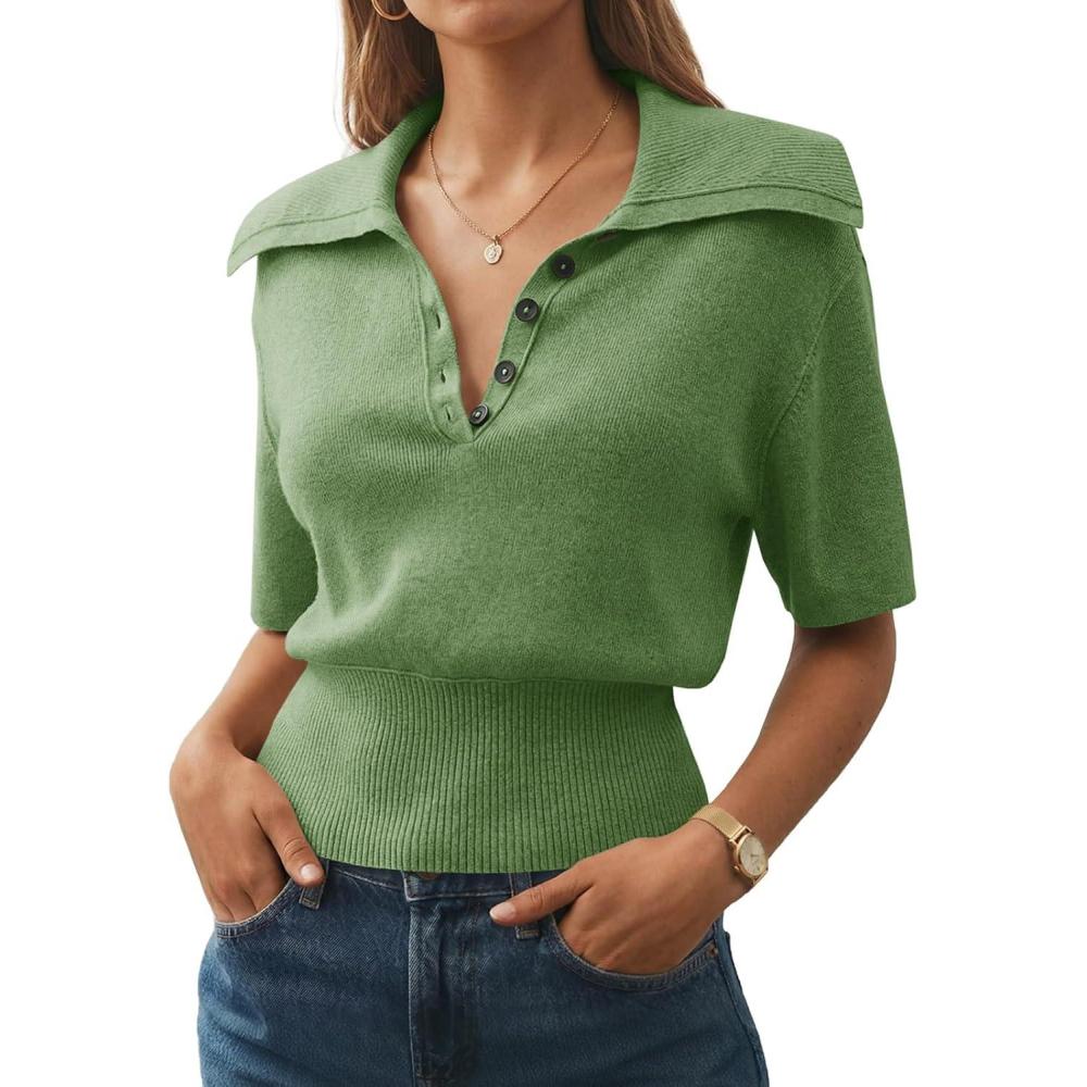image:imageSaodimallsu Womens Polo Sweater Top Summer Short Sleeve Button V Neck Collared Trendy Loose Knit Ribbed Hem TopsArmy Green