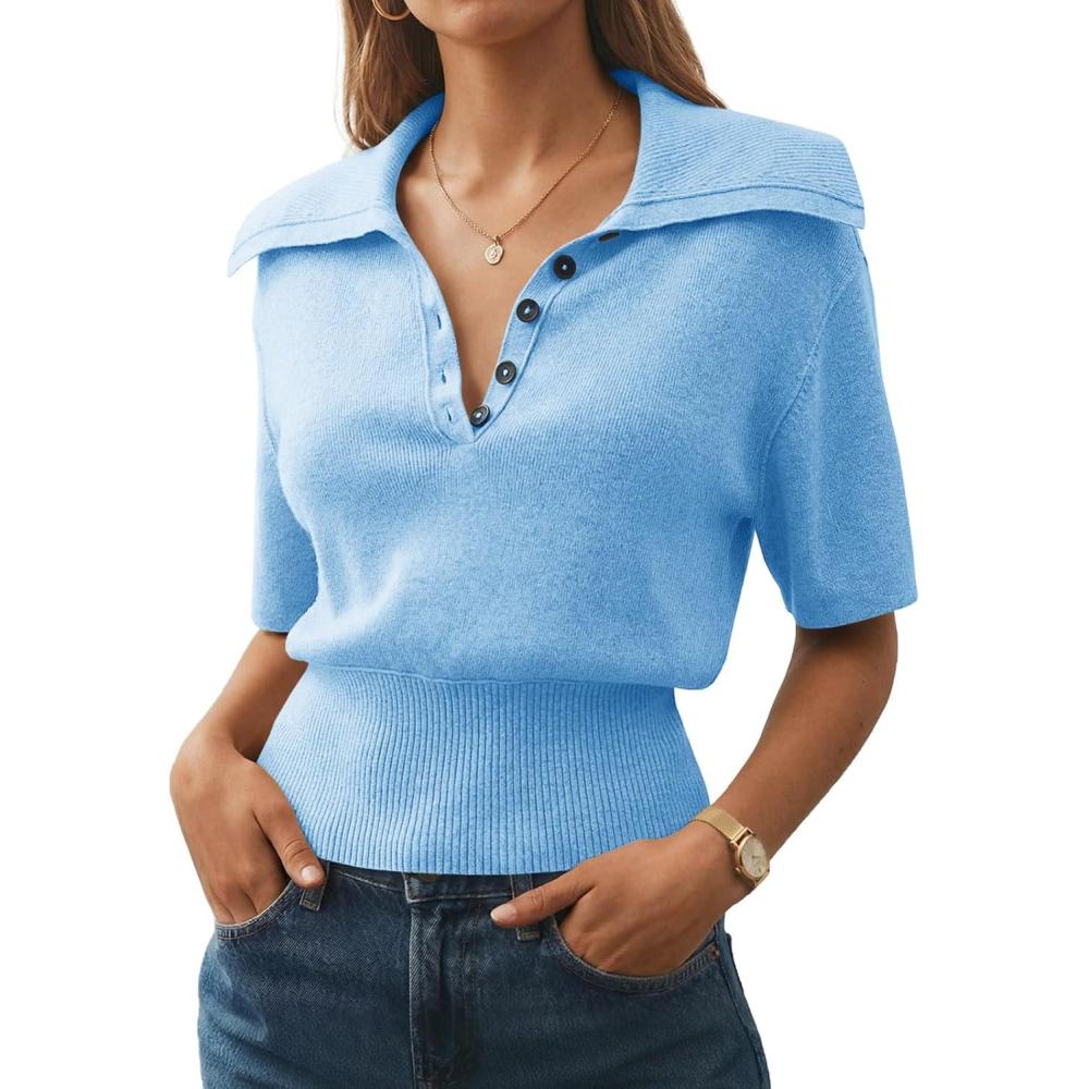 image:imageSaodimallsu Womens Polo Sweater Top Summer Short Sleeve Button V Neck Collared Trendy Loose Knit Ribbed Hem TopsBlue