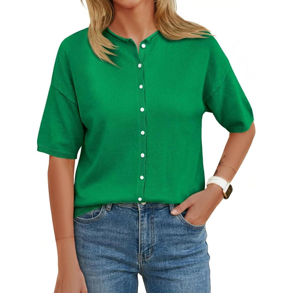 image:imageSaodimallsu Womens Short Sleeve Button Down Cardigans Lightweight Spring Summer Casual Knit Crew Neck Sweater TopsGreen