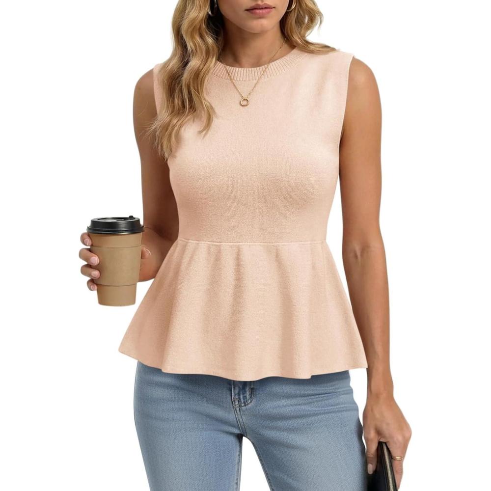 image:imageSaodimallsu Womens Sleeveless Babydoll Tank Tops Peplum Ruffle Crew Neck Ribbed Knit Summer Trendy Sweater VestApricot