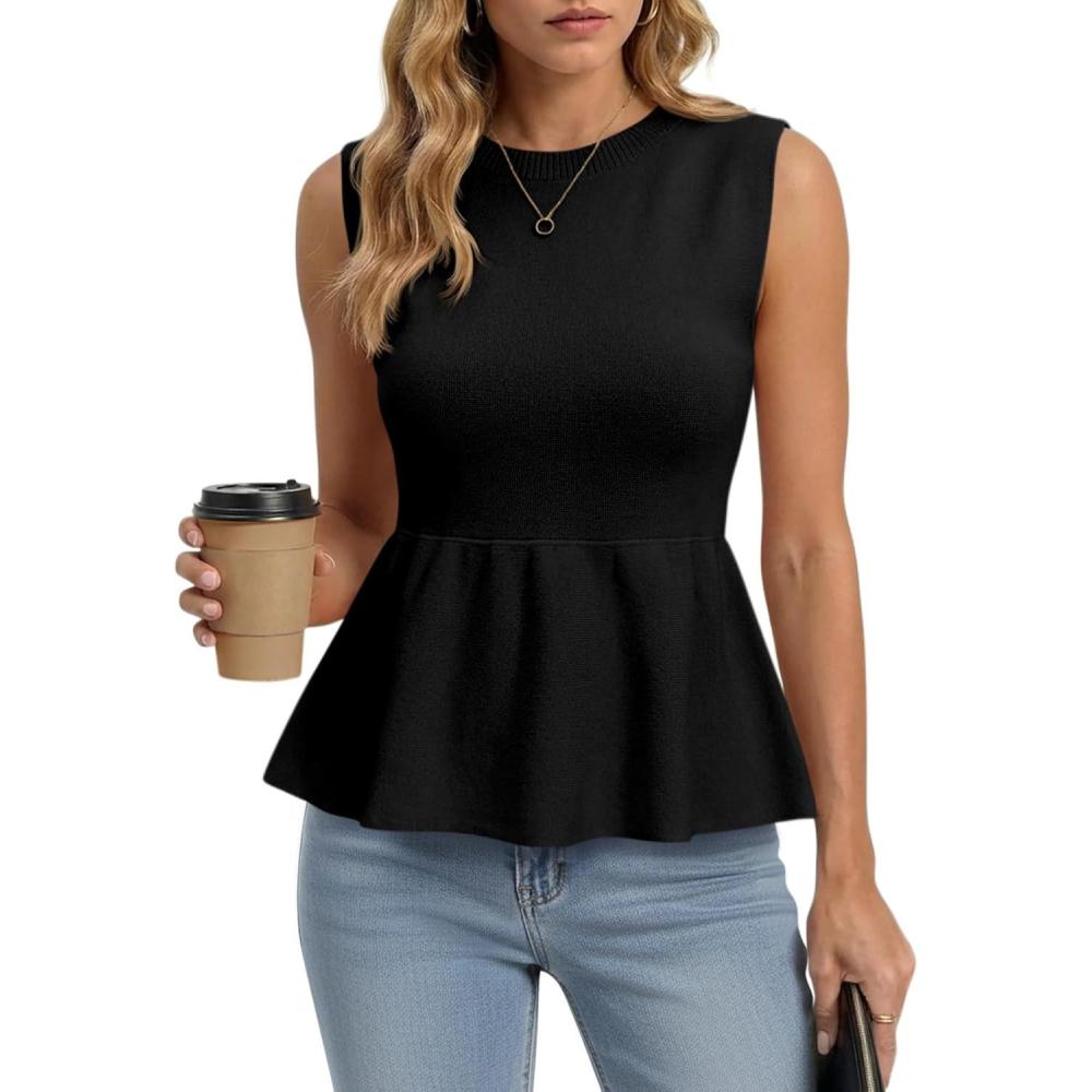 image:imageSaodimallsu Womens Sleeveless Babydoll Tank Tops Peplum Ruffle Crew Neck Ribbed Knit Summer Trendy Sweater VestBlack