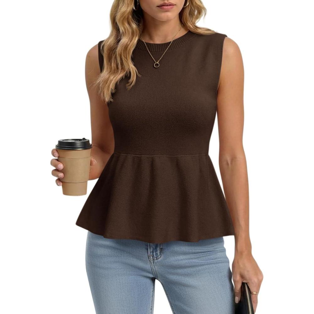 image:imageSaodimallsu Womens Sleeveless Babydoll Tank Tops Peplum Ruffle Crew Neck Ribbed Knit Summer Trendy Sweater VestCoffee