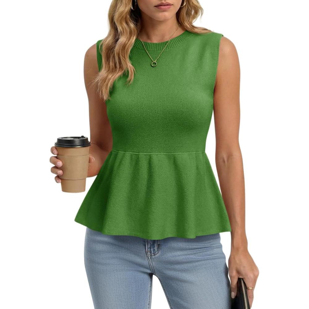 image:imageSaodimallsu Womens Sleeveless Babydoll Tank Tops Peplum Ruffle Crew Neck Ribbed Knit Summer Trendy Sweater VestGreen