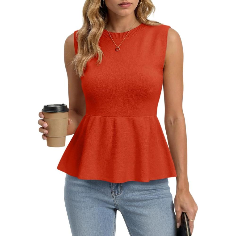 image:imageSaodimallsu Womens Sleeveless Babydoll Tank Tops Peplum Ruffle Crew Neck Ribbed Knit Summer Trendy Sweater VestOrange