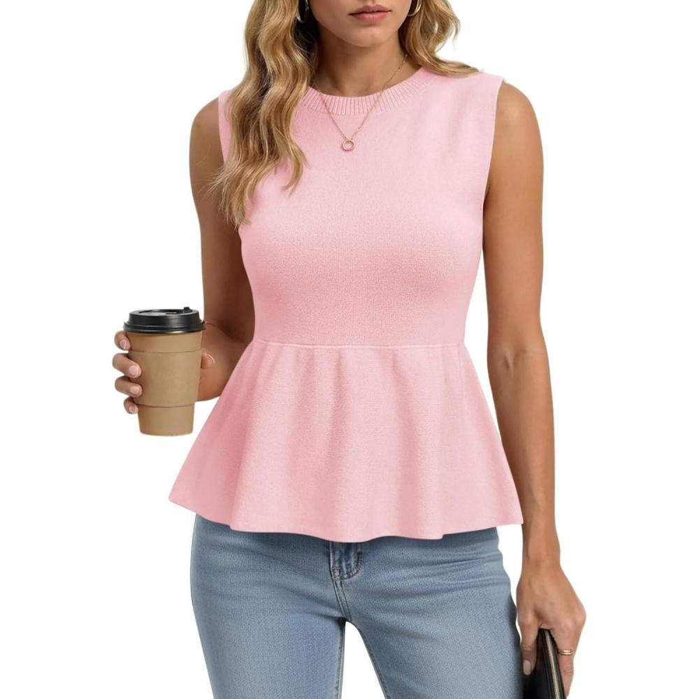 image:imageSaodimallsu Womens Sleeveless Babydoll Tank Tops Peplum Ruffle Crew Neck Ribbed Knit Summer Trendy Sweater VestPink