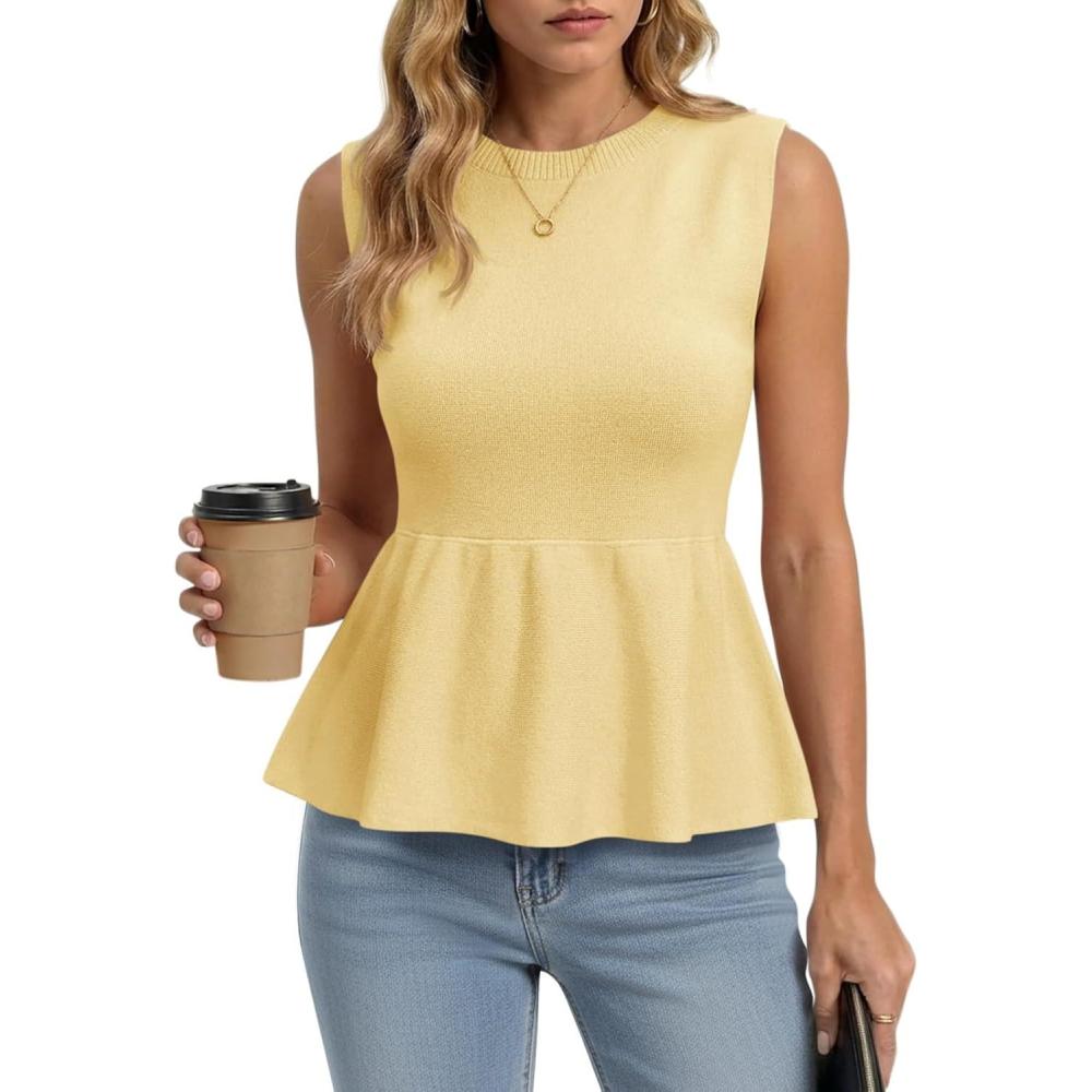 image:imageSaodimallsu Womens Sleeveless Babydoll Tank Tops Peplum Ruffle Crew Neck Ribbed Knit Summer Trendy Sweater VestYellow