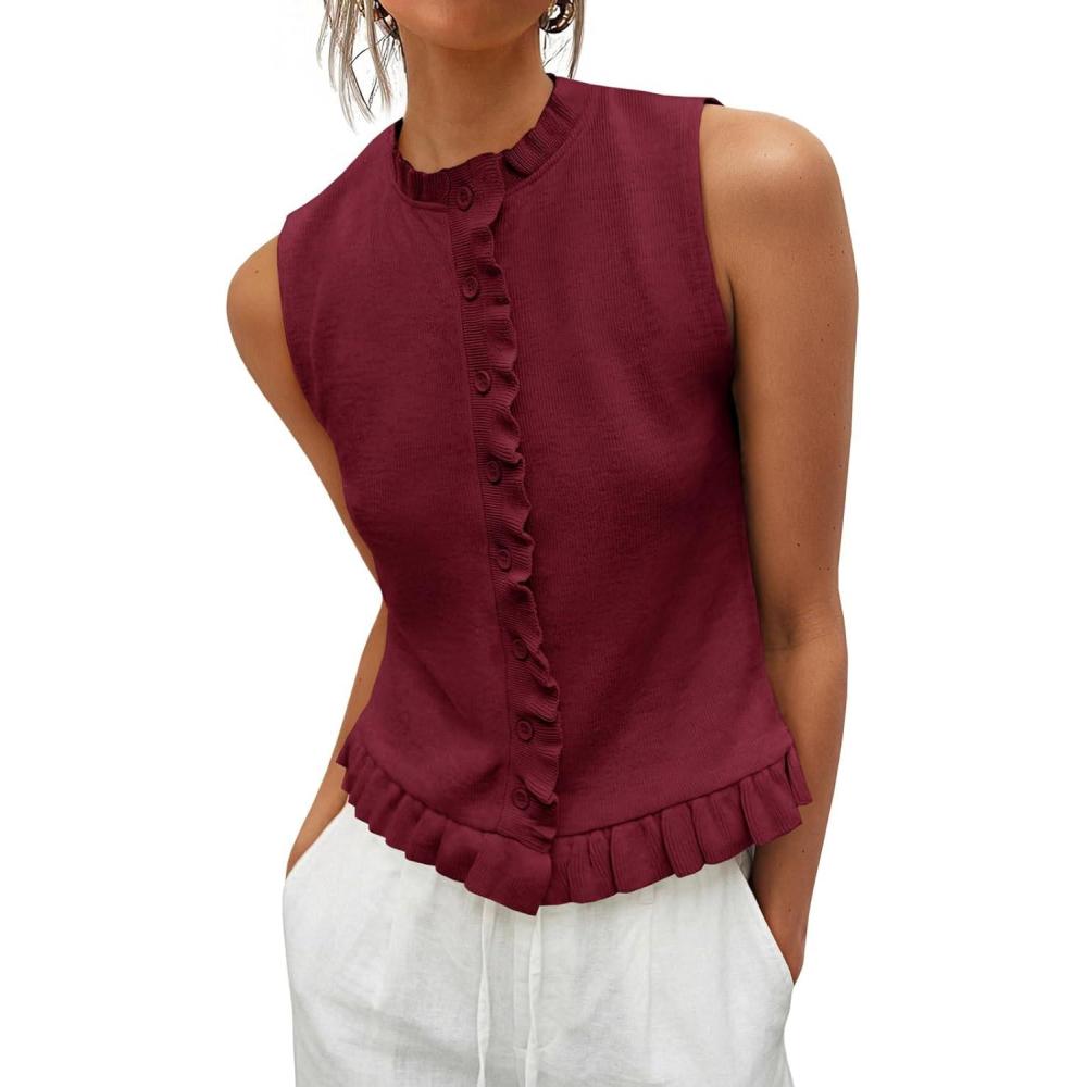 image:imageSaodimallsu Womens Sleeveless Sweater Vest Ruffle Button Down Knit Tank Top Summer Trendy Going Out Vest TopsWine Red