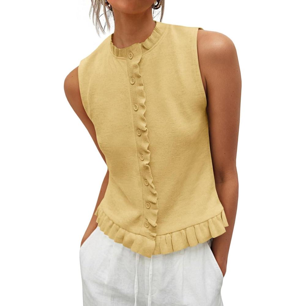 image:imageSaodimallsu Womens Sleeveless Sweater Vest Ruffle Button Down Knit Tank Top Summer Trendy Going Out Vest TopsYellow