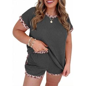 Beautife Womens Plus Size 2 Piece Short Sets Leopard Print Ribbed Knit Short Sleeve Top 2026 Summer Casual Lounge Set(Dark Grey)