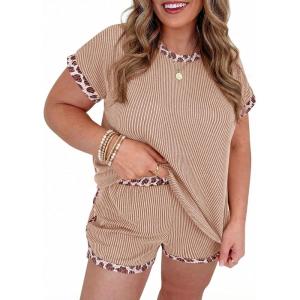 Beautife Womens Plus Size 2 Piece Short Sets Leopard Print Ribbed Knit Short Sleeve Top 2026 Summer Casual Lounge Set(Khaki)