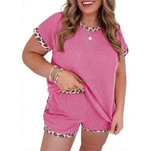 Beautife Womens Plus Size 2 Piece Short Sets Leopard Print Ribbed Knit Short Sleeve Top 2026 Summer Casual Lounge Set(Rose Red)
