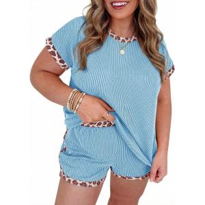 Beautife Womens Plus Size 2 Piece Short Sets Leopard Print Ribbed Knit Short Sleeve Top 2026 Summer Casual Lounge Set(Sky Blue)