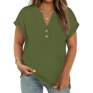 Beautife Womens Plus Size Short Sleeve Henley Tops Summer Button V Neck Blouses 2026 Dressy Casual Loose T Shirts(Army Green)