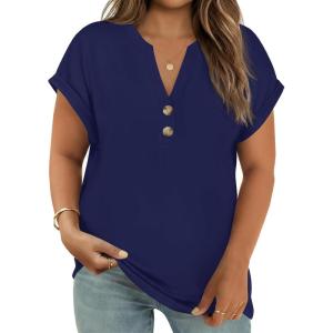 Beautife Womens Plus Size Short Sleeve Henley Tops Summer Button V Neck Blouses 2026 Dressy Casual Loose T Shirts(Dark Blue)