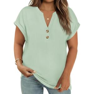 Beautife Womens Plus Size Short Sleeve Henley Tops Summer Button V Neck Blouses 2026 Dressy Casual Loose T Shirts(Light Green)