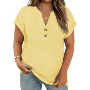 Beautife Womens Plus Size Short Sleeve Henley Tops Summer Button V Neck Blouses 2026 Dressy Casual Loose T Shirts(Light Yellow)