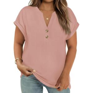Beautife Womens Plus Size Short Sleeve Henley Tops Summer Button V Neck Blouses 2026 Dressy Casual Loose T Shirts(Rose Pink)