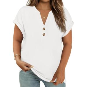 Beautife Womens Plus Size Short Sleeve Henley Tops Summer Button V Neck Blouses 2026 Dressy Casual Loose T Shirts(White)