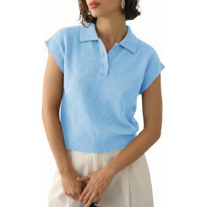 Saodimallsu Womens Cap Short Sleeve Sweater Top Summer Polo Shirts Button Collared Knit Business Casual Pullover Sweater(Blue)