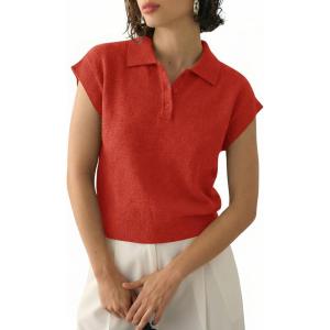 Saodimallsu Womens Cap Short Sleeve Sweater Top Summer Polo Shirts Button Collared Knit Business Casual Pullover Sweater(Brick Red)