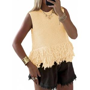 Saodimallsu Womens Crochet Crop Tank Tops Sleeveless Fringe Crew Neck Trendy Boho Knit Summer Sweater Vest(Apricot)