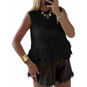 Saodimallsu Womens Crochet Crop Tank Tops Sleeveless Fringe Crew Neck Trendy Boho Knit Summer Sweater Vest(Black)