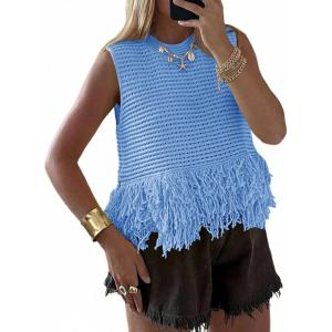 Saodimallsu Womens Crochet Crop Tank Tops Sleeveless Fringe Crew Neck Trendy Boho Knit Summer Sweater Vest(Blue)