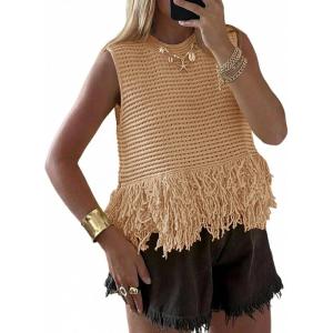 Saodimallsu Womens Crochet Crop Tank Tops Sleeveless Fringe Crew Neck Trendy Boho Knit Summer Sweater Vest(Khaki)