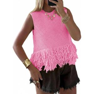 Saodimallsu Womens Crochet Crop Tank Tops Sleeveless Fringe Crew Neck Trendy Boho Knit Summer Sweater Vest(Pink)