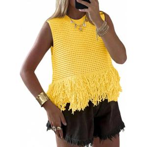Saodimallsu Womens Crochet Crop Tank Tops Sleeveless Fringe Crew Neck Trendy Boho Knit Summer Sweater Vest(Yellow)