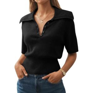 Saodimallsu Womens Polo Sweater Top Summer Short Sleeve Button V Neck Collared Trendy Loose Knit Ribbed Hem Tops(Black)